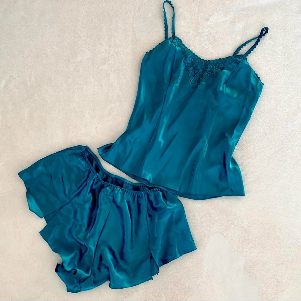 Vintage Erika Taylor turquoise teal blue satin pajama cami and shorts set sz M
